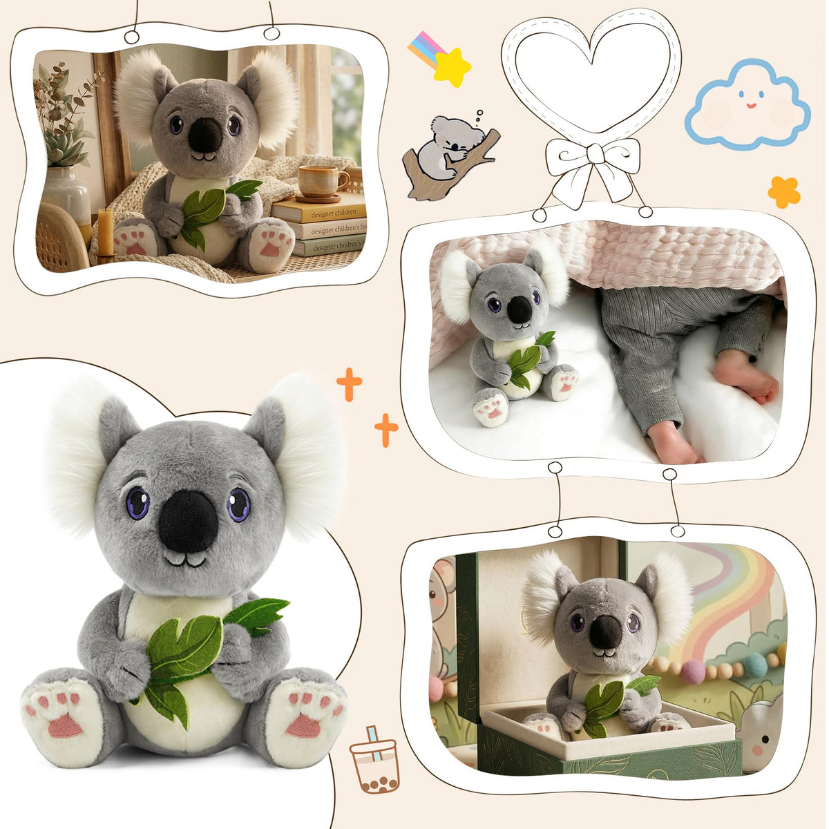 JUSTQUNSEEN Koala Stuffed Animal Plush Toy with Eucalyptus Leaf 10 Inch Cute Soft Koala Bear Plushies Safe Embroidered Eyes Zoo Animals Decor Birthday for Kids Toddlers Boys Girls