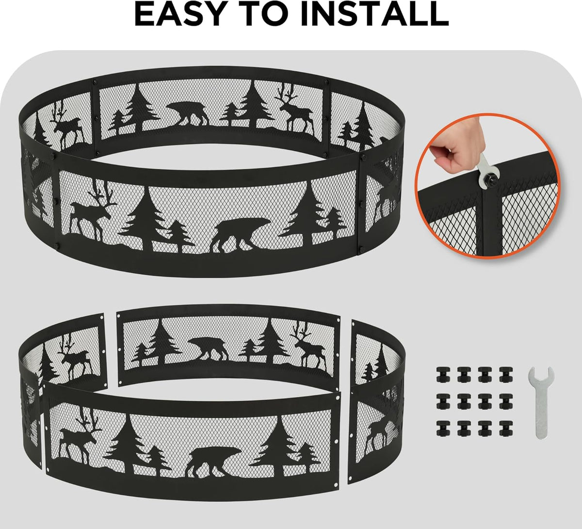 Red Mountain Valley 36 Inch Fire Pit Ring with 360° Forest & Wildlife Design, Portable Steel Wood Burning Firepit Ring for Outdoor Camping, Bonfires, Beach,Patio, fire Pit kit, Black