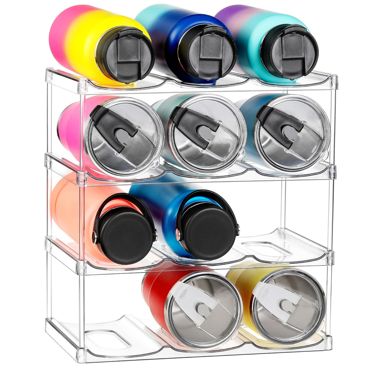 LARGER Compartment - Stackable Water Bottle Organizer Holder - for Stanley & Others' Large Tumbler - Clear Wine Rack, Cup Bottle Holder for Cabinet Home Countertop Fridge Pantry Shelf, 4 Tier Hold 12