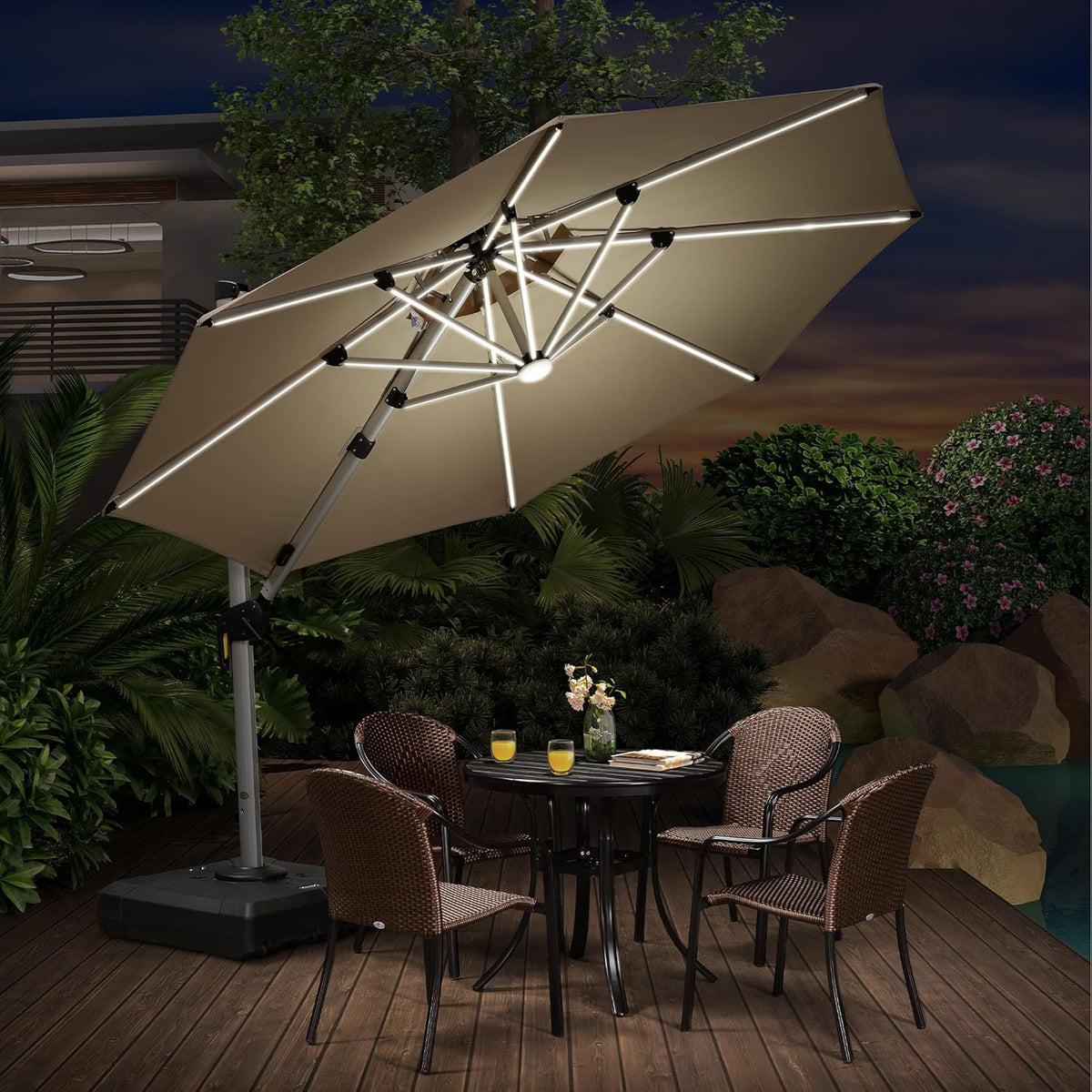 PURPLE LEAF 10ft Patio Umbrella With Base Solar powered LED Cantilever Umbrella with LED lights Windproof Outdoor Offset Umbrella for Garden Deck Pool Patio, Beige