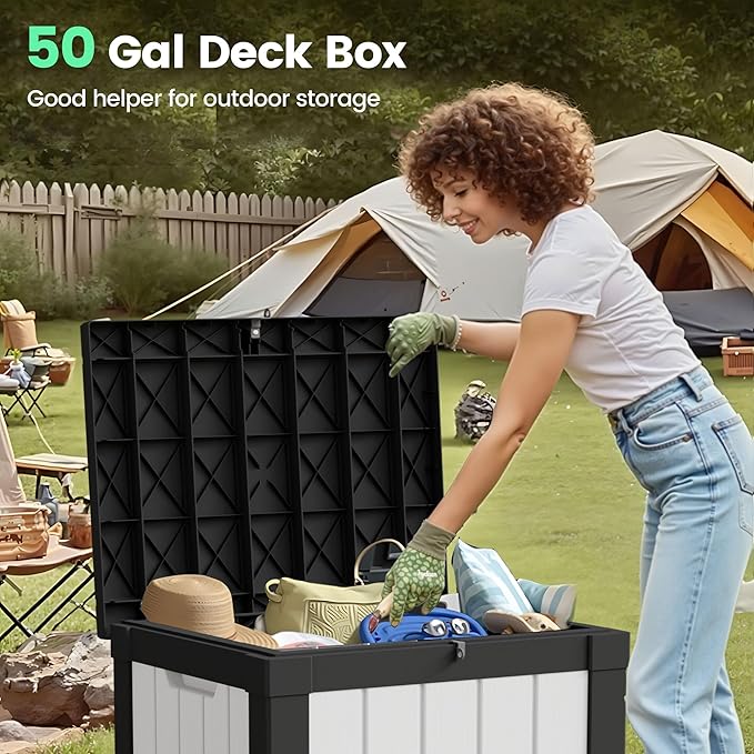 50 Gallon Storage Box, Waterproof Deck Box for Indoor & Outdoor Use, Lockable Pool Storage Bin for Package Delivery, Outdoor Bench for Patio Cushions, Garden Tools, Backyard, Black & White