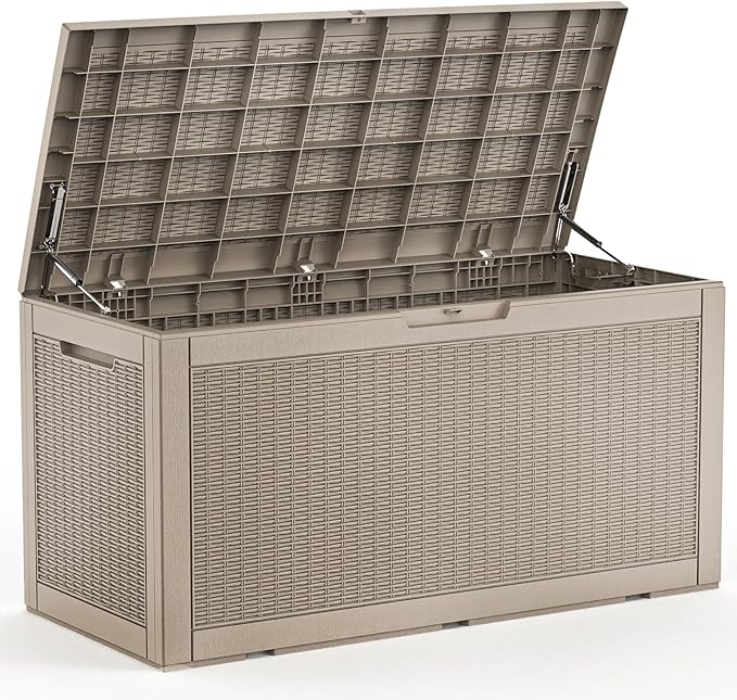 102 Gallon Outdoor Storage Box Waterproof, UV Resistant Resin Deck Box with Hydraulic Rod, Lockable Design and Enhanced Durability for Patio, Garden, and Poolside Use