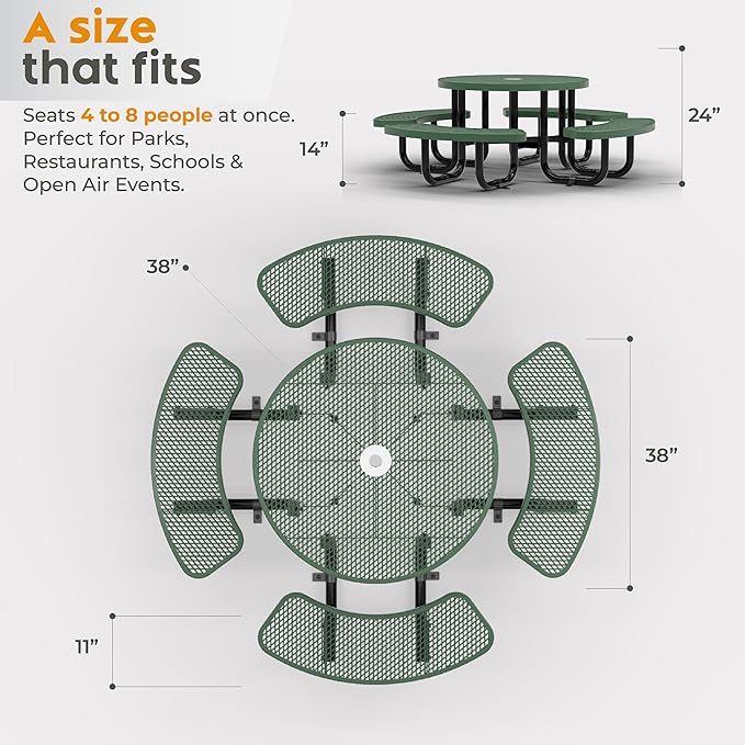 Metal Picnic Tables for Kids for Outdoors with Umbrella Hole - Coated Steel Heavy Duty Commercial Grade Table with Adjustable Seats (Green, 38 in, Kids, Expanded Steel)