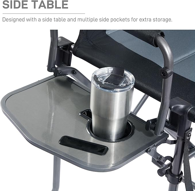 EVER ADVANCED Portable 30.7" Seat Height Tall Folding Camping Chair Directors Chair High Foldable Bar Stool with Side Table for Makeup Artist, Sports Event, Craft Show, Supports 350LBS Black Grey