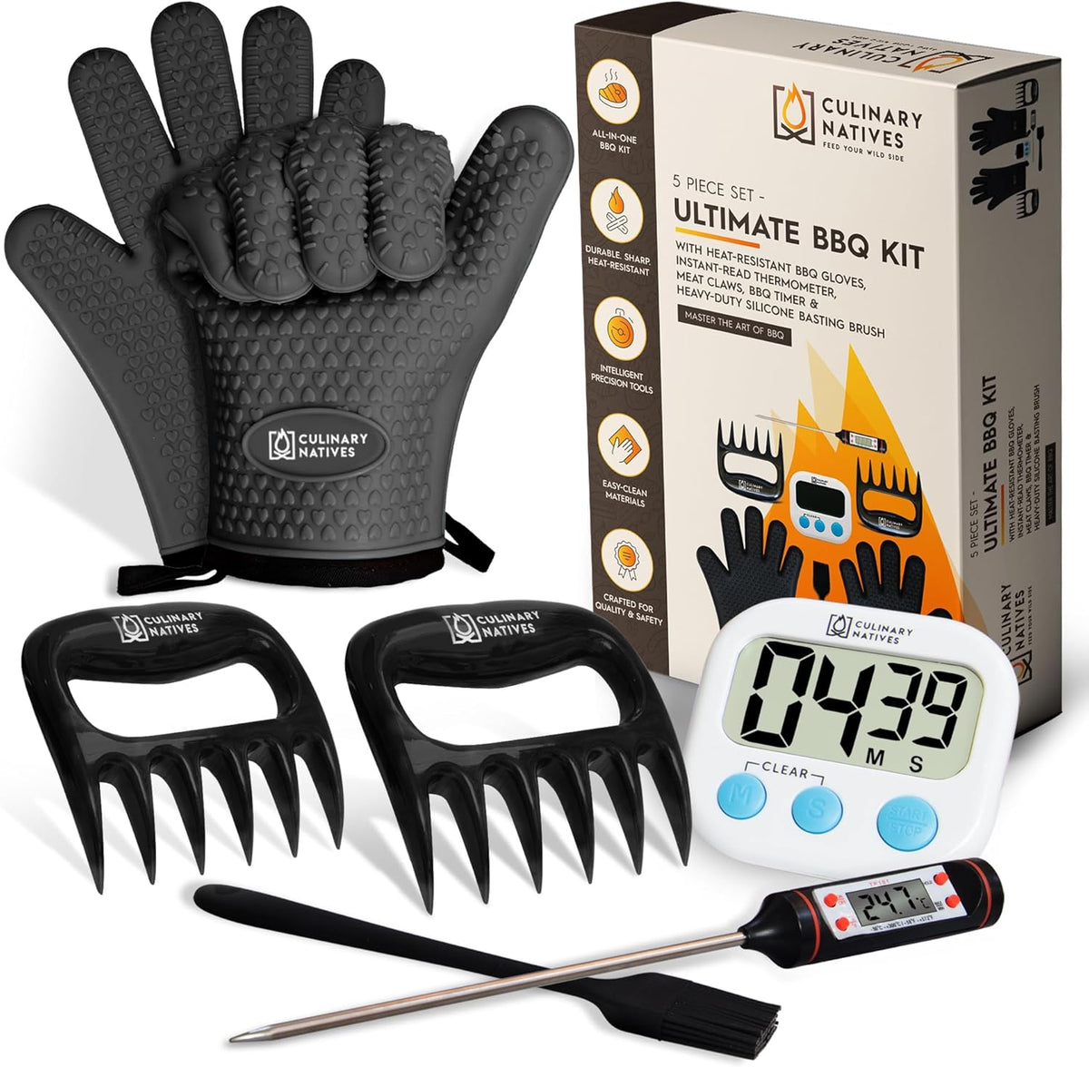 Smoker Gloves, Meat Claws, Thermometer, Timer, Brush | No.1 Heat Resistant BBQ Gloves | Meat Shredder Claws | Silicone Grill Gloves and Pulled Pork Claws with Smoker Accessories Kit & Tools (Black)