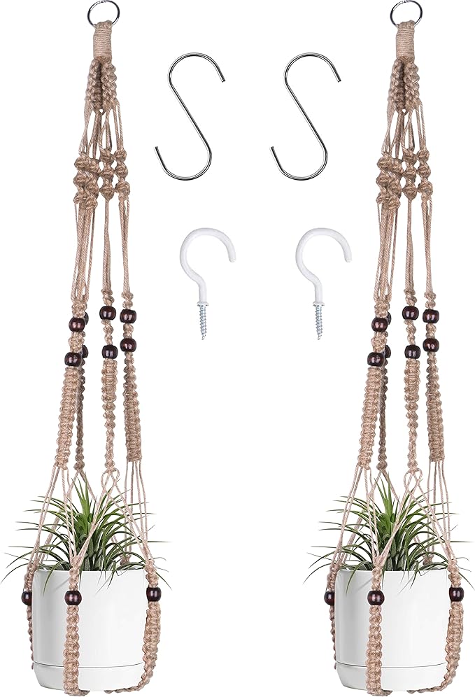 Macrame Plant Hanger Indoor Hanging with Wood Beads Macrame Planters No Tassel for Indoor Outdoor Boho Home Decor 35 Inch(Brown, 2)