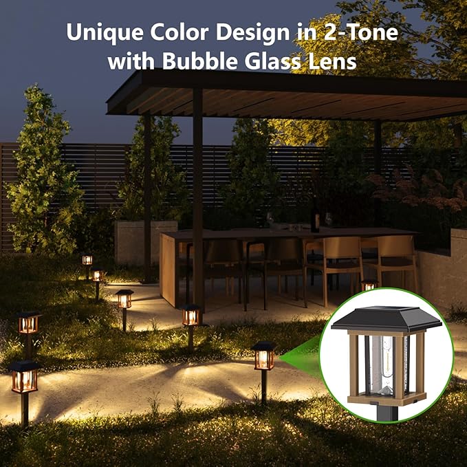 XMCOSY+ Solar Lights Outdoor Waterproof IP65, 25 LM Garden Light for Yard Pathway, Dual-Tone LED Lights with Seed Glass Metal, Solar Powered Landscape Walkway Pathway Decor Lighting (Warm White)