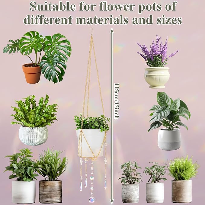 Chunful 3 Pack Sun Catcher Plant Hanger with Beads and Glass Crystal Beaded Plant Hanger Sun Catchers Kit Hanging Basket Accessories for Indoor Home Rainbow Decor, Pots Not Included(Gold)