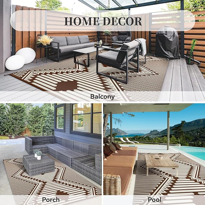 MontVoo Outdoor Rug-Waterproof Camping Rug Patio Rug Mat 6x9 Reversible Plastic Straw Outside Outdoor Rug for RV Camping Picnic Balcony Backyard Pool Deck Porch Modern Boho Beige Brown