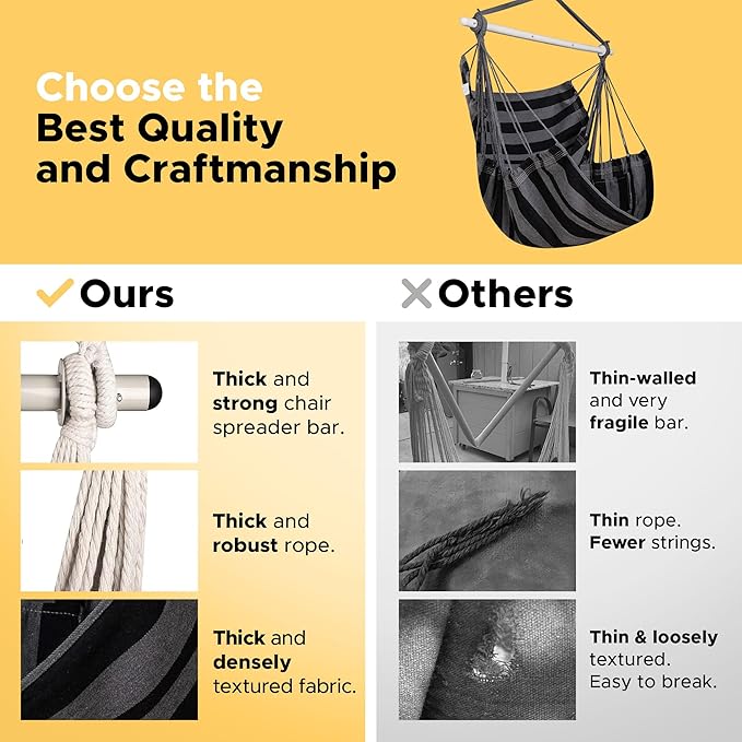 ADVOKAIR Hammock Chair Swing (500 lbs Max) - Hanging Hammock Chair Rope Swing Indoor for Bedroom, Outdoor, Patio, Bedroom, Porch, Deck - Sturdy Steel Bar with Anti-Slip Safety Rings