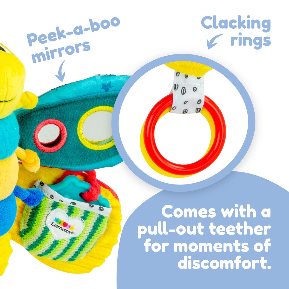 Lamaze Clip On Car Seat and Stroller Toy - Freddie the Firefly - Includes Lady Bug Teether - High Contrast Sensory Crinkle Toys for Babies - Infant Travel Toys - Ages 0 Months and Up