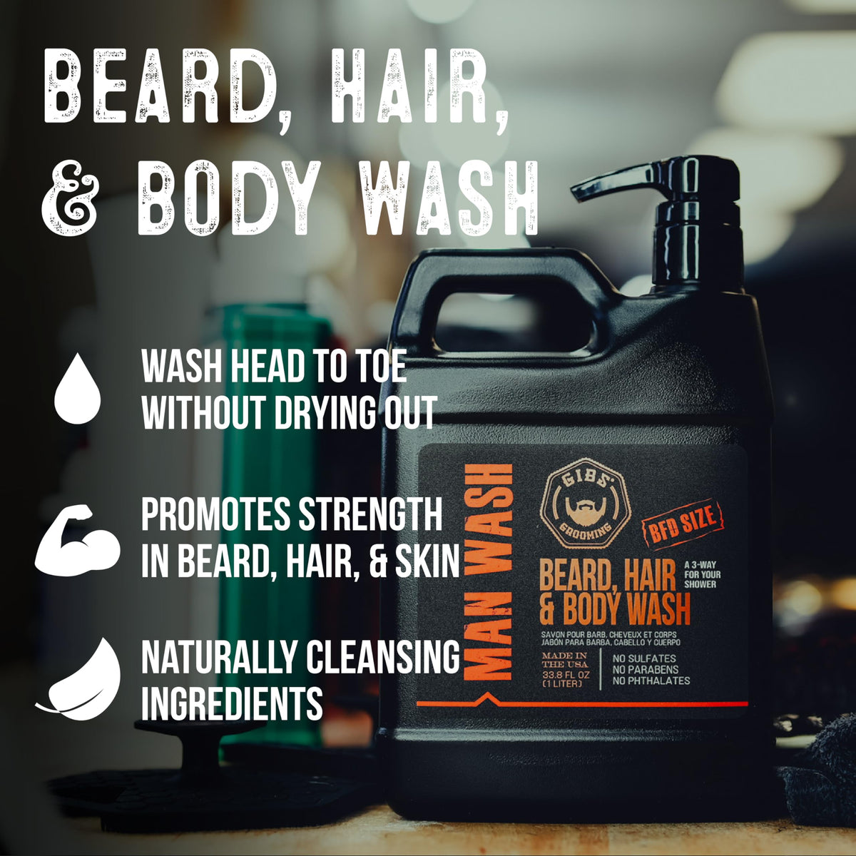 GIBS Grooming - Original Man Wash (33.8 fl oz) 3-in-1 Beard, Hair, Body Soap - Citrus, Oak, Basil Scent - Sulfate Free - Tea Tree Oil, Hemp Oil, Protein - Mens Body Wash & Mens Shampoo - Made in USA