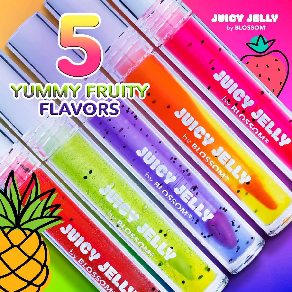 Blossom Juicy Jelly Moisturizing Lip Care Fruit Flavored, 5 Pack Bundle