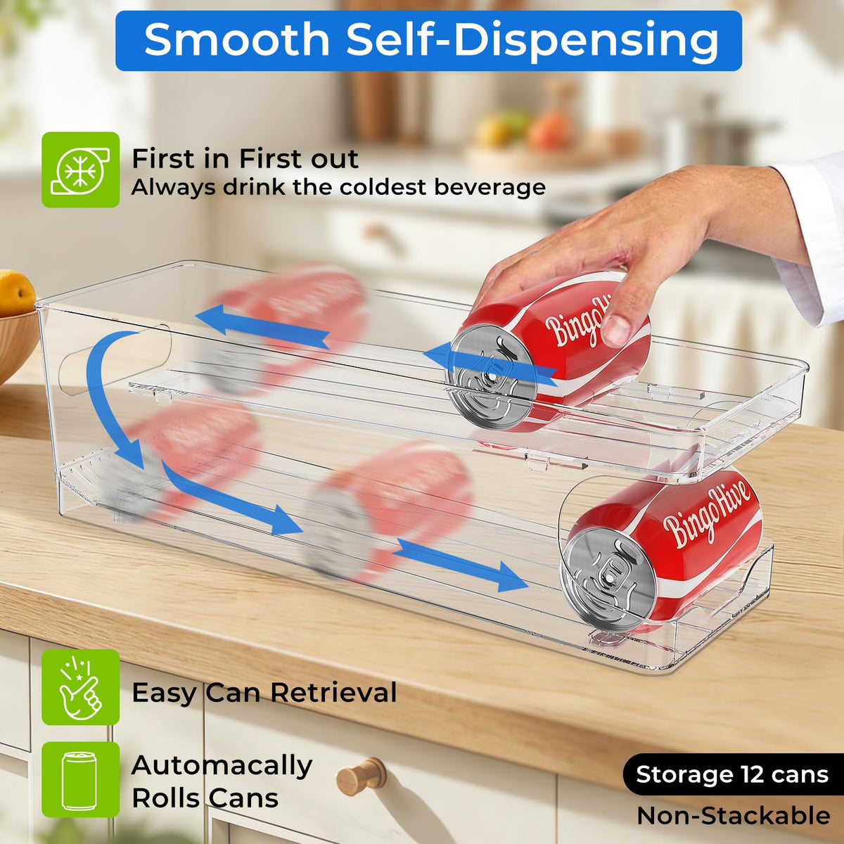 BingoHive 2 Packs FIFO Rolling Soda Can Organizer for Fridge, Holds 24 Cans
