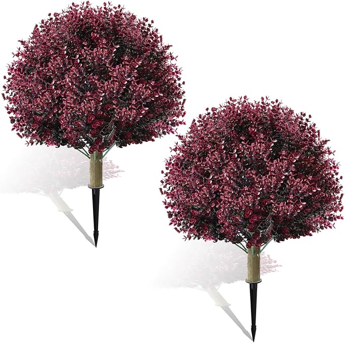 Yunlly 2 Pcs 18 Inch Artificial Boxwood Ball Topiary Tree Fake Outdoor Plants Bush, UV Resistance Faux Shrub with Spike Realistic Greenery Potted for Indoor Garden Yard Porch Patio Decor (Dark Purple)