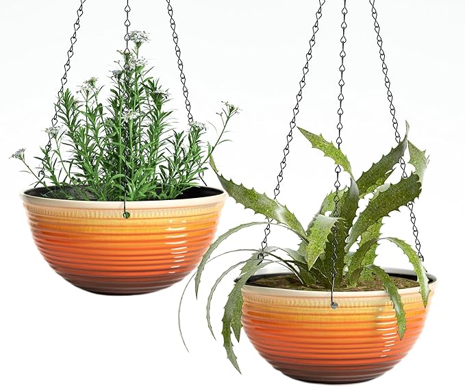 12 inch Hanging Planters for Indoor Outdoor Plants, 2 Pack Large Hanging Flower Pots with Drainage Holes and Chain, Glazed Hanging Baskets for Home Garden Decoration, Orange