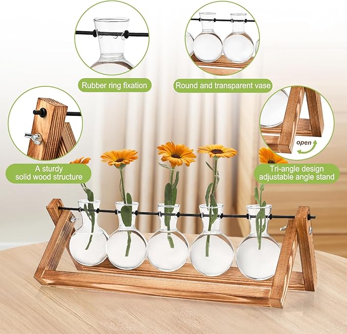 Retro Wood Stand Plant Terrarium with 5 Air Planter Bulb Glass Vases, Perfect for Home, Office, or Wedding Decor. Great Desktop Propagation Station and Plant Lover Gift for Women (5 Bulb Vase)