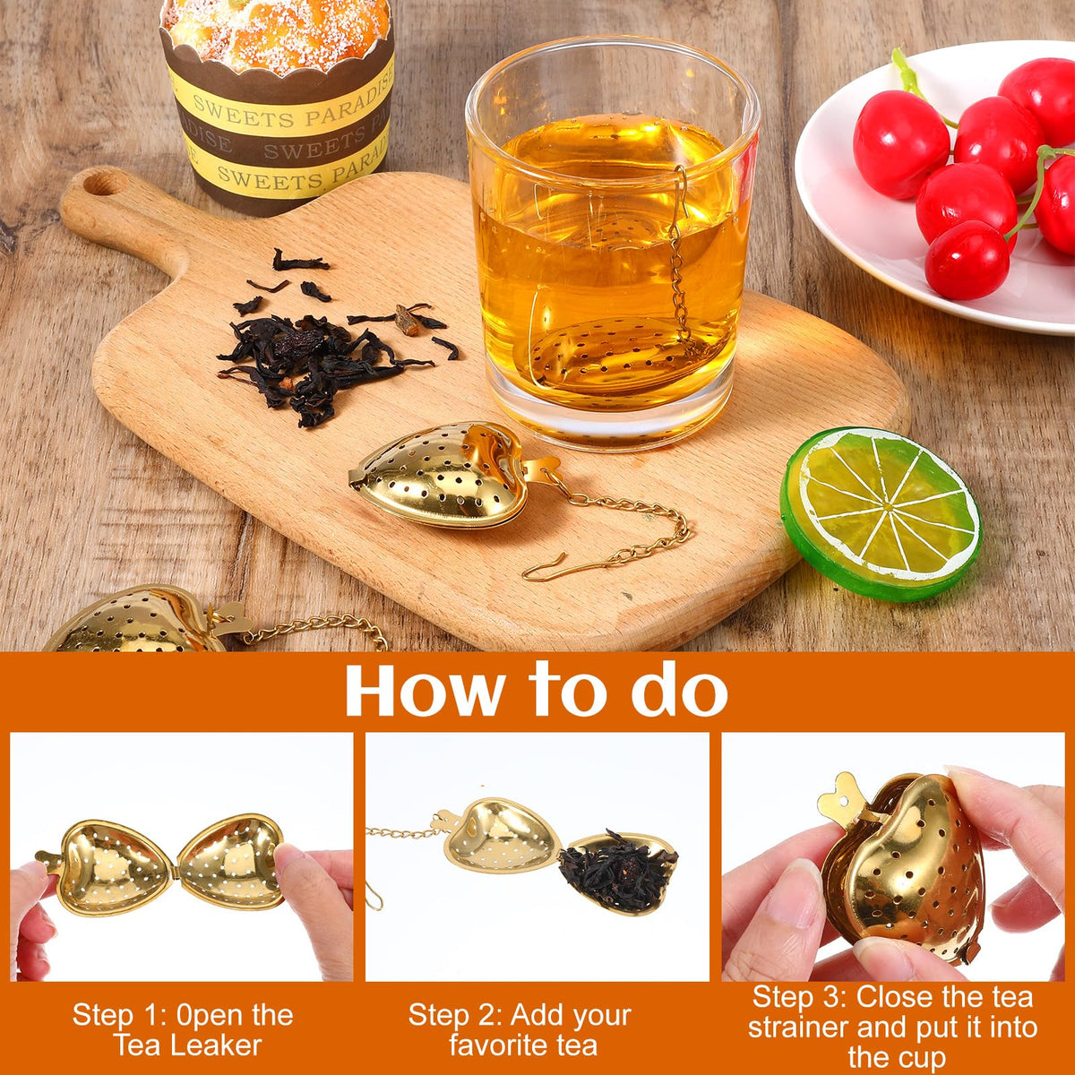 50pcs Heart Shaped Tea Strainers for Loose Tea Filter, Stainless Steel Tea Strainer Ball Infuser Tea Steeper Mesh Filters with Extended Chain Chain Hook for tea party Seasonings Cup Bottle(Gold)