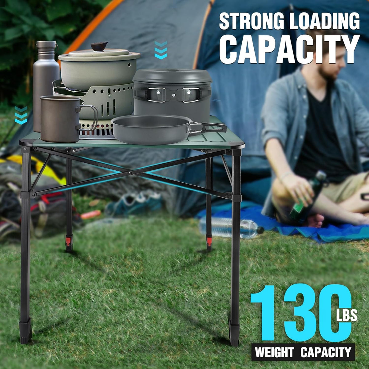 VILLEY Folding Camping Square Table with Carry Bag, Lightweight Aluminum Adjustable Square Table for Outdoor, Camping, Picnic, Backyards, BBQ (L)