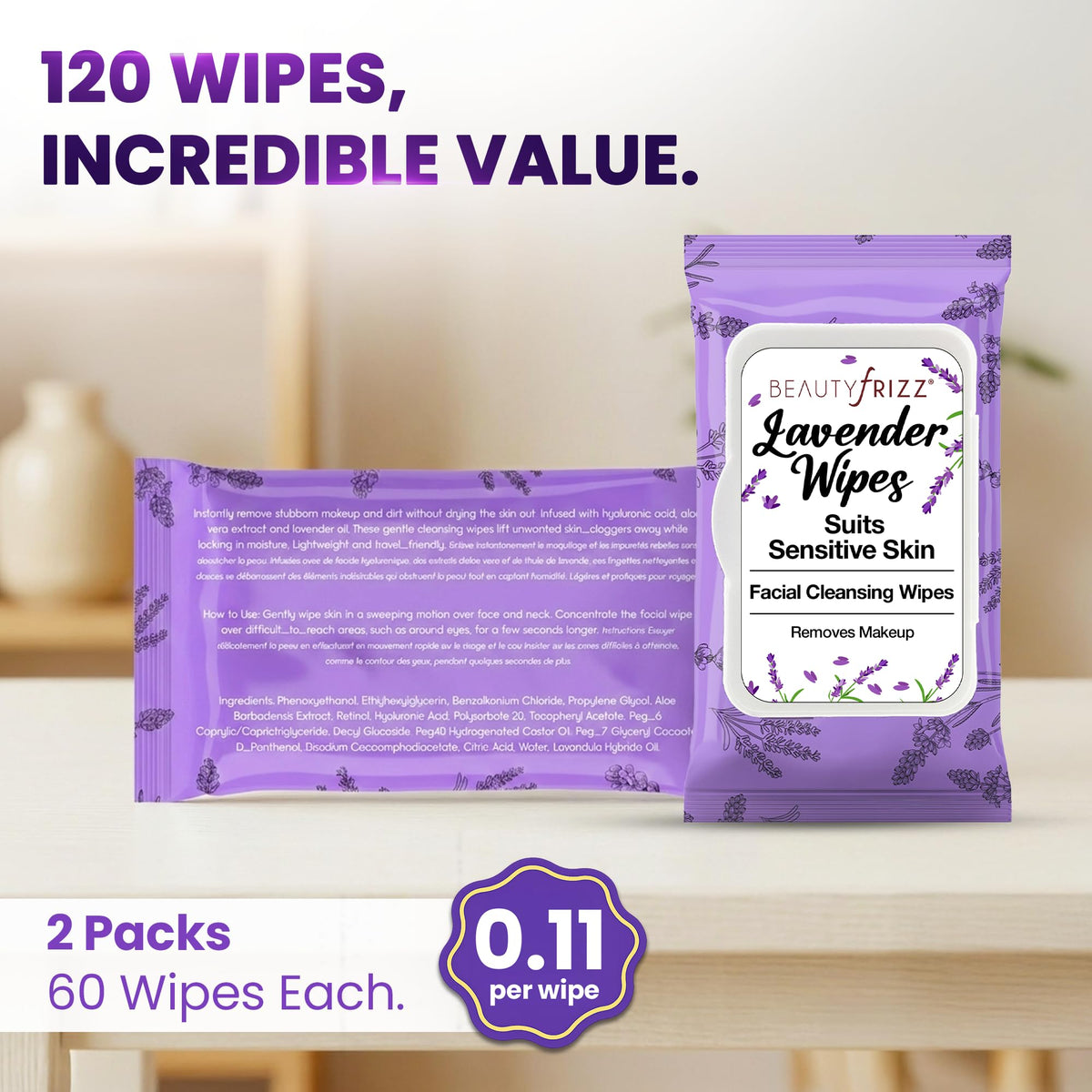 BeautyFrizz Lavender Face Wipes - No Rinse Makeup Remover - Extra Soft