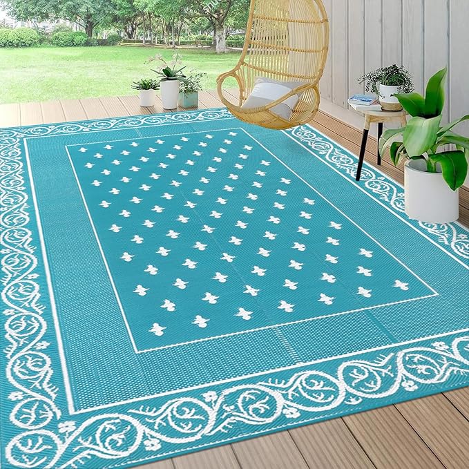Pauwer Waterproof Outdoor Rug 8x10, Reversible Plastic Straw Patio Camping Rug, Indoor Outdoor RV Mat Carpet for Deck, Camper, Porch, Balcony, Backyard, Picnic, Bordered Teal