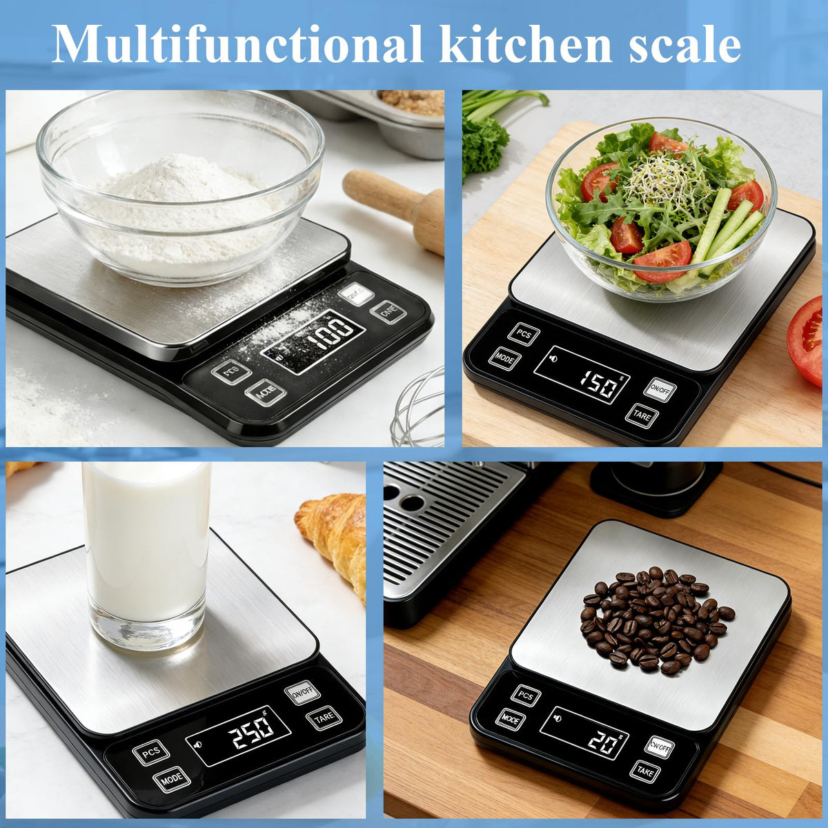 IP67 Waterproof Digital Kitchen Scal 10kg/0.1g High Precision Food Scale with Type-C Rechargeable 304 Stainless Steel Platform Tare & Counting Function for Baking Cooking Meal Prep