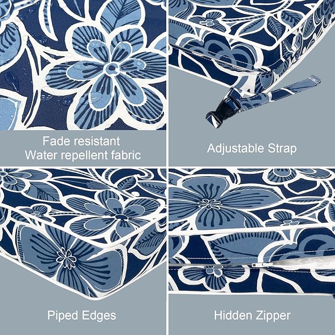 LVTXIII Patio Chair Cushions 22"x22"x3", Water-Repellent Outdoor Seat Cushions for Patio Furniture, Square Chair Pads with Ties for Home Garden Decoration, Set of 2, Flower Navy