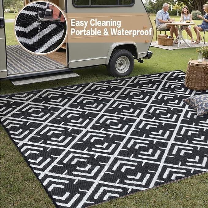 Outdoor Rug Mats, Large Waterproof Outdoor Area Rug, Reversible Portable Outdoor Plastic Straw Carpet for RV Deck Camping Front Door Indoor Outside Porch Picnic (5x8ft Geometric Black&White)