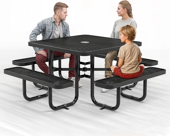 Metal Picnic Tables for Outdoors with Umbrella Hole - Coated Steel Heavy Duty Commercial Grade Table with Adjustable Seats (Black, 46 in, Square, Expanded Steel)