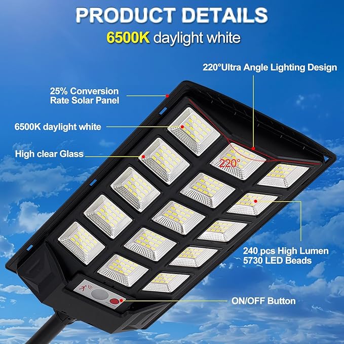 Solar Lights Outdoor,IP66 Waterproof Solar Street Lights with Motion Sensor & Remote,6500K Dusk to Dawn Street Lamps for Parking Lot/Yard/Garden(2 Pack)