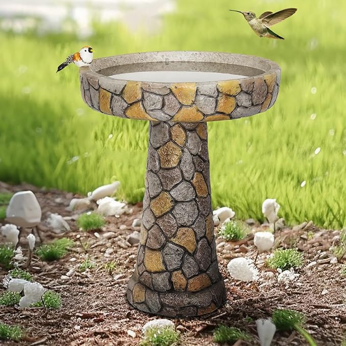 SKYFIRE Stone Like Outdoor Bird Bath - Concrete Freestanding Patio Birdbath with Pedestal for Garden, Patio, Yard, Lawn - 18.8”L X 18.8”W X 24”H Rustic Faux Stone Pedestal Outdoor Garden Birdbaths