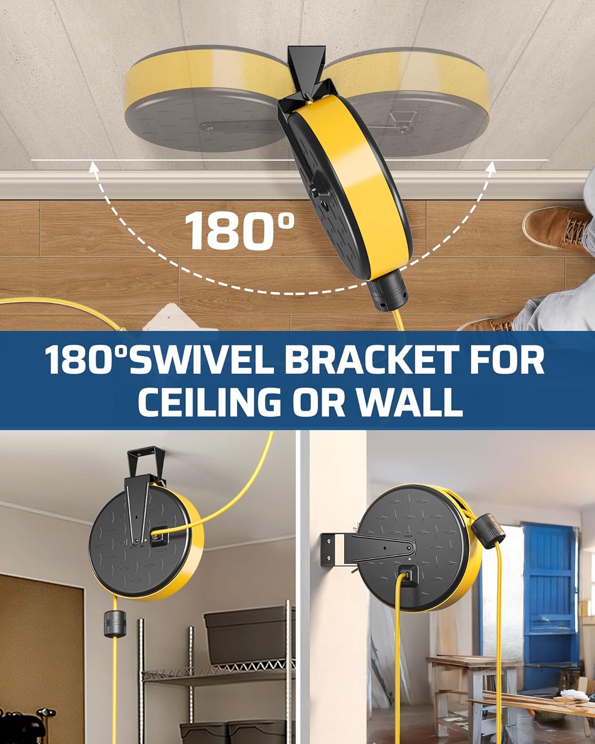DEWENWILS 30 Ft Retractable Extension Cord Reel, Ceiling/Wall Mount 16/3 Gauge SJTW Power Cord with 6 Grounded Outlets, Twist-Lock Stopper, 10 Amp Circuit Breaker, Metal Covering, UL Listed