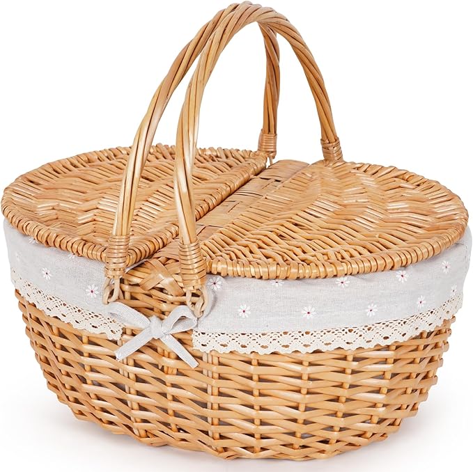 Happypicnic Wicker Picnic Basket with Handle, 15" Large Empty Picnic Basket with Lid & Removable Liner, Vintage Hand Woven Basket for Picnics, Camping, Veg Picking, Mother'S Day, Thanksgiving (Flower)