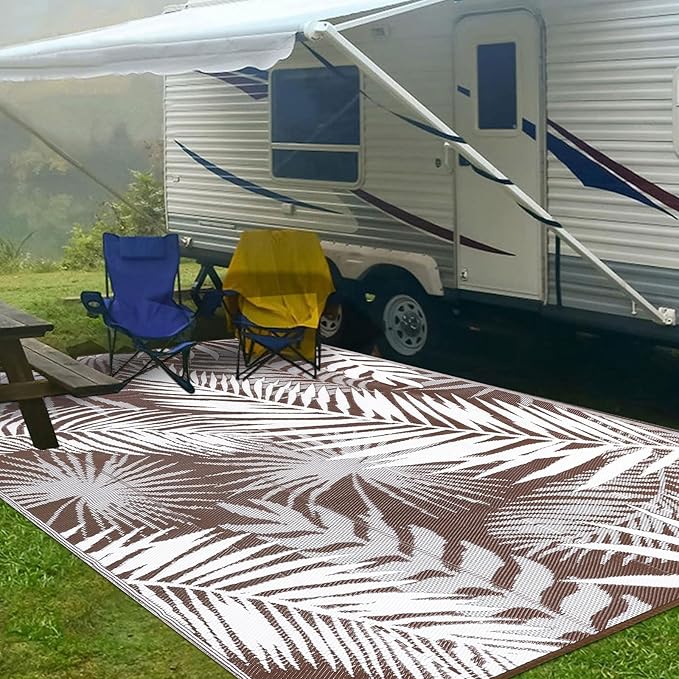 Outdoor Rug Waterproof for Patios Clearance, Reversible Outdoor Plastic Straw Rug Camping Carpet, Outside Floor Mats Large Area Rugs for RV,Patio,Deck,Porch,Beach,Balcony，10'x8',Brown&White