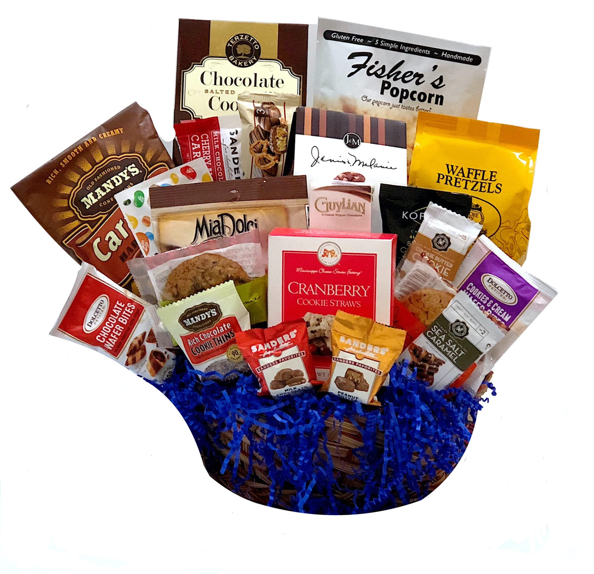 Hand-Crafted 14 Piece customizable chocolate gift basket of gourmet chocolates, cookies, and crunches. Tasty treats selected for businesses, clients