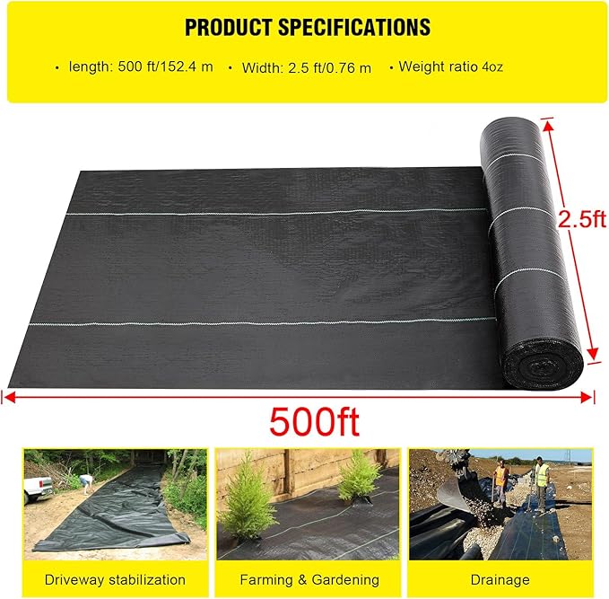 Driveway Fabric 2.5x500 ft - Commercial Weed Barrier, Heavy Duty 4OZ Landscape Fabric for Road, French Drain, Erosion Control, and Construction Projects
