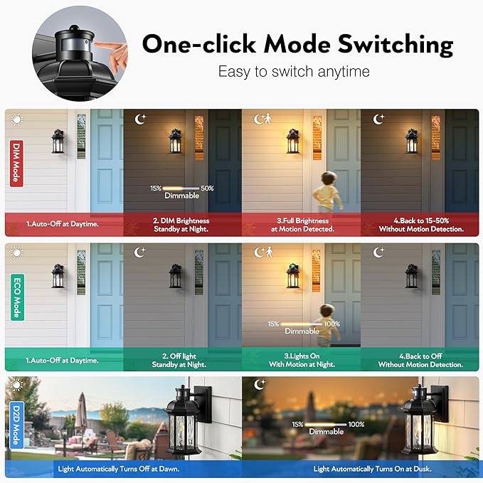 VIANIS Dusk to Dawn Motion Sensor Outdoor Porch Lights, Modern Black Exterior Porch Light Fixtures Wall Mount, Anti-Rust Aluminum Waterproof Wall Lantern With Tempered Ripple Glass For Garage Entryway