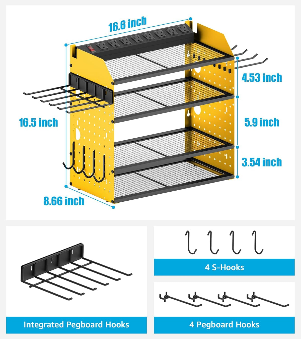 CCCEI Modular Desk Power Tools Organizer with Charging Station, 4 Layer Drills Battery Storage Wall Mount, Garage Shop Organization, Anniversary, Birthday, Gifts for Men, Father, Yellow, 6FT Cord.