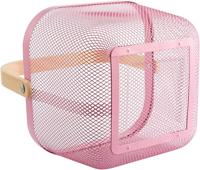 Metal Mesh Steel Basket, Storage Organizer Basket Multi-functional Hanging Kitchen Baskets Fruit Basket Bin with Bamboo Handle for Kitchen Bathroom Picnic Shopping Decor Cabinet Home, Pink