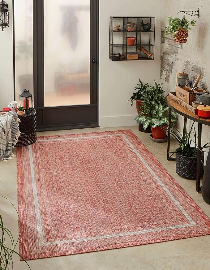Unique Loom Outdoor Border Collection Area Rug - Soft Border (3' 3" x 5' 3" Rectangle Rust Red/Ivory)