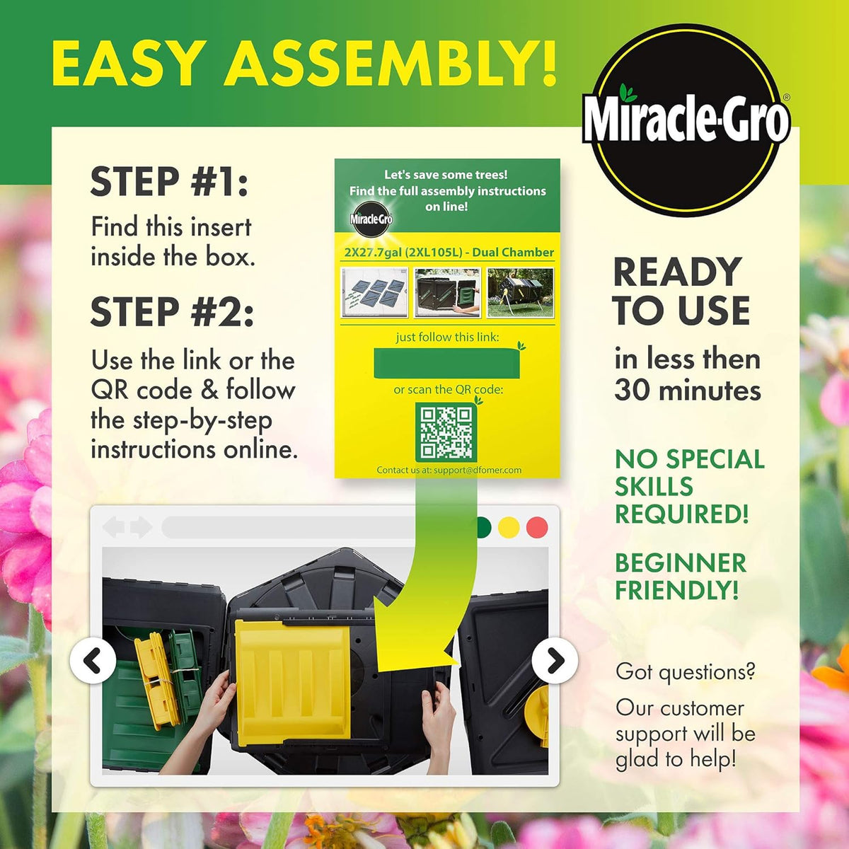 Miracle-Gro Large Dual Chamber Compost Tumbler – Easy-Turn, Fast-Working System – All-Season, Heavy-Duty, High Volume Composter with 2 Sliding Doors - (2 – 27.7gallon /105 Liter)