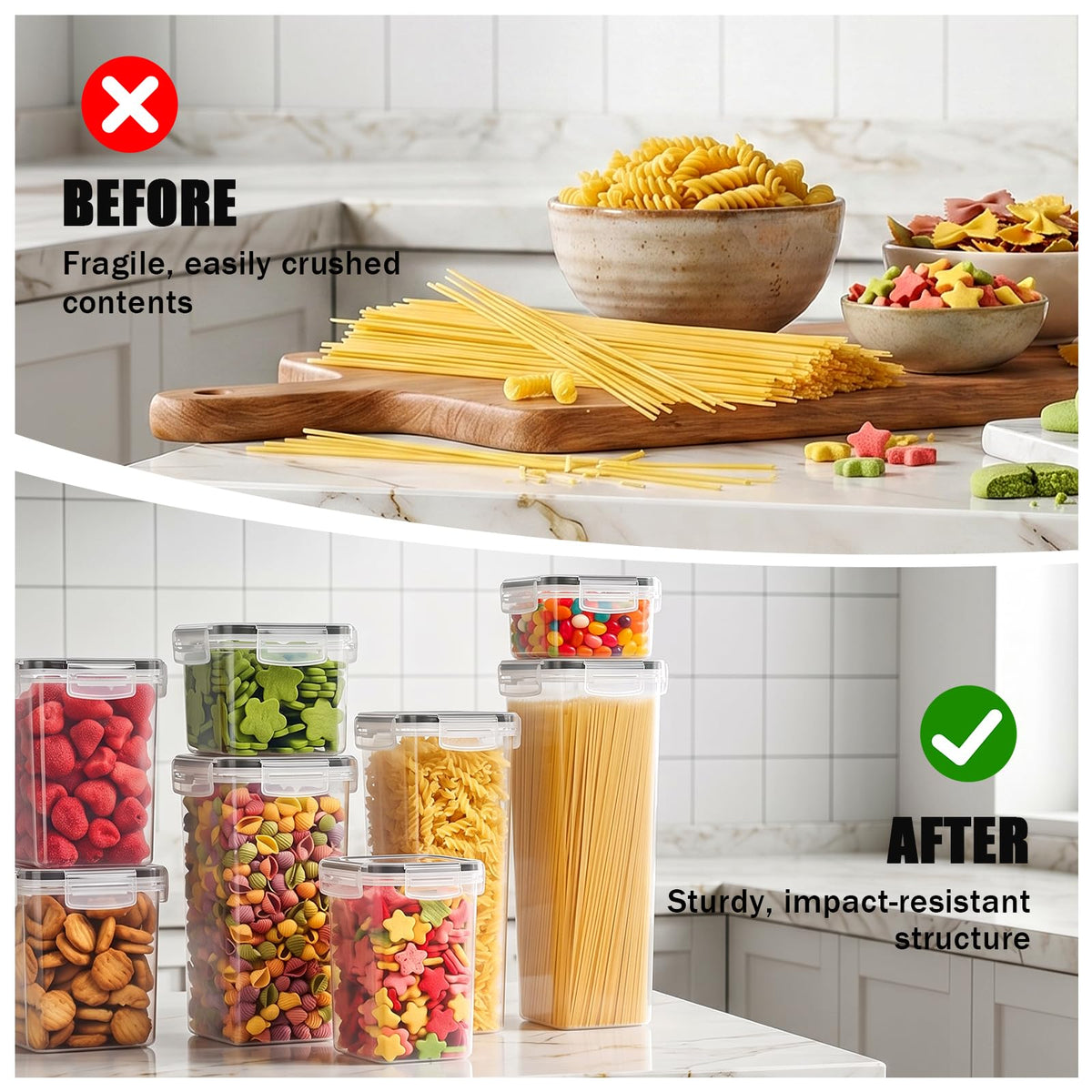 Asnews 9 PCS Airtight Food Storage Containers with Lids, Plastic Kitchen and Organization Canisters for Cereal, Dry Food, Flour and Sugar, BPA-Free, PVC-Free, Includes Labels & Marker