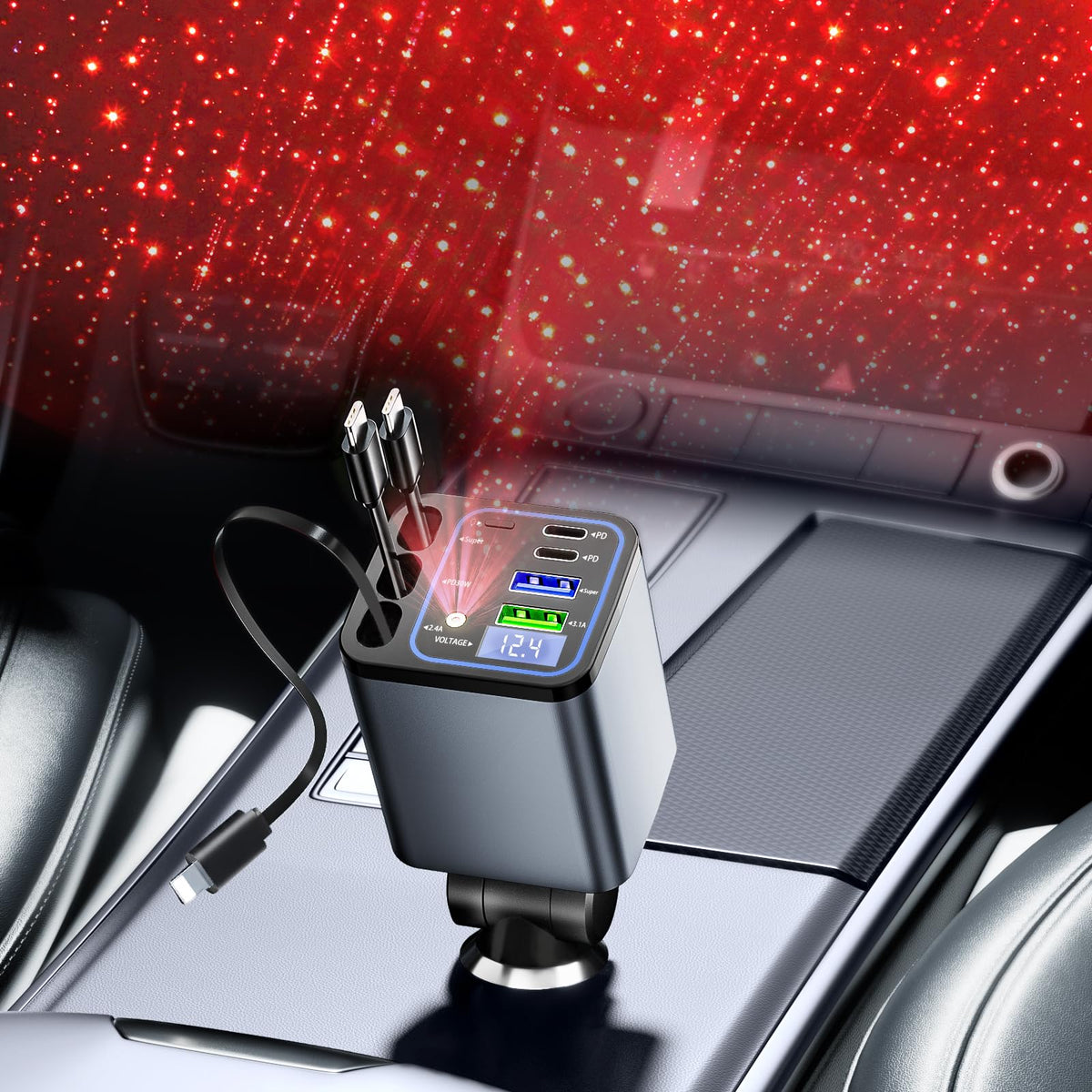 Retractable Car Charger, 7 in 1 Car Phone Charger with 3 Cords, USB C Car Charger Adapter for iPhone 17/16/15/14/13 Pro Max XR