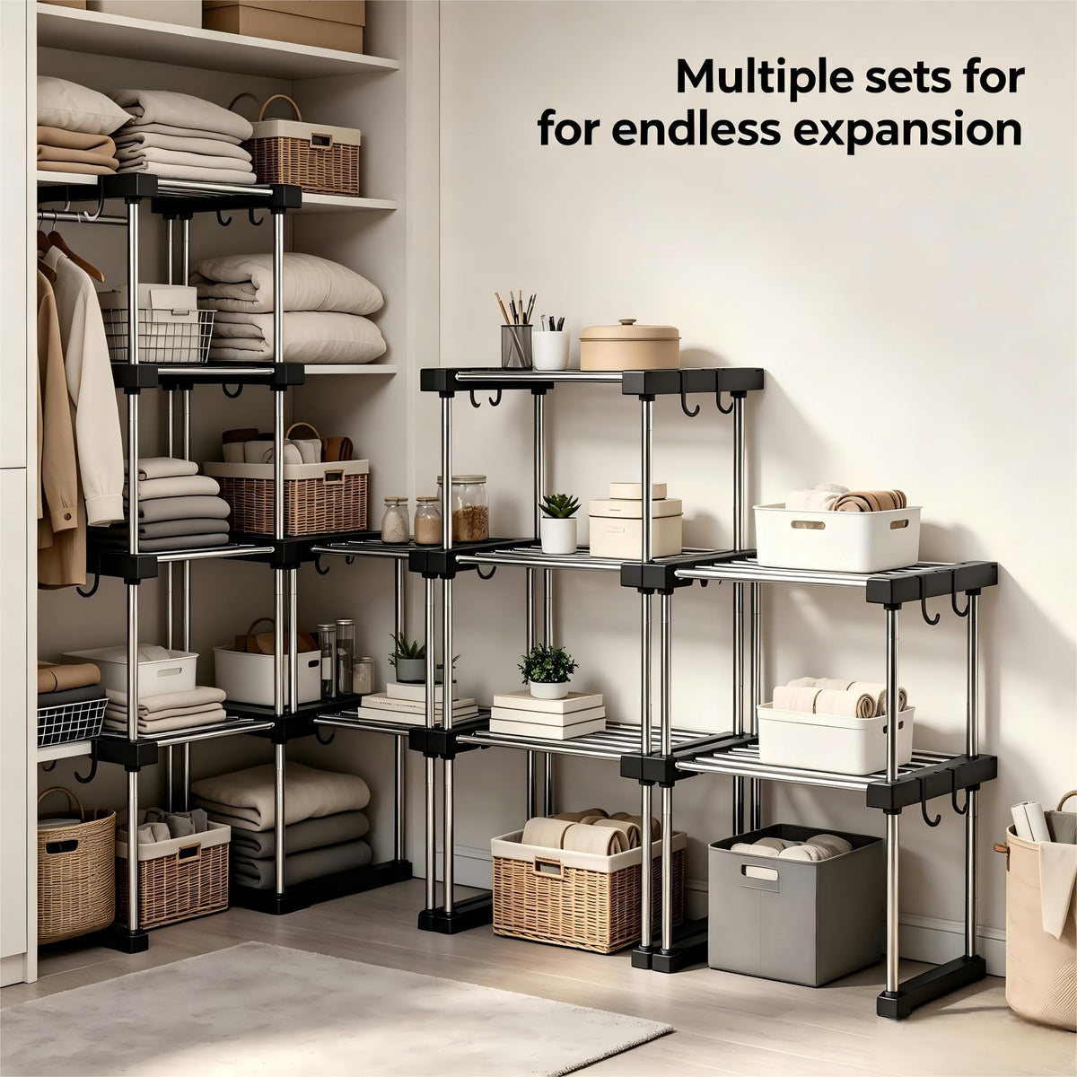 Expandable Cabinet Organizer Shelf, Stackable Storage Shelves(2 PACK)