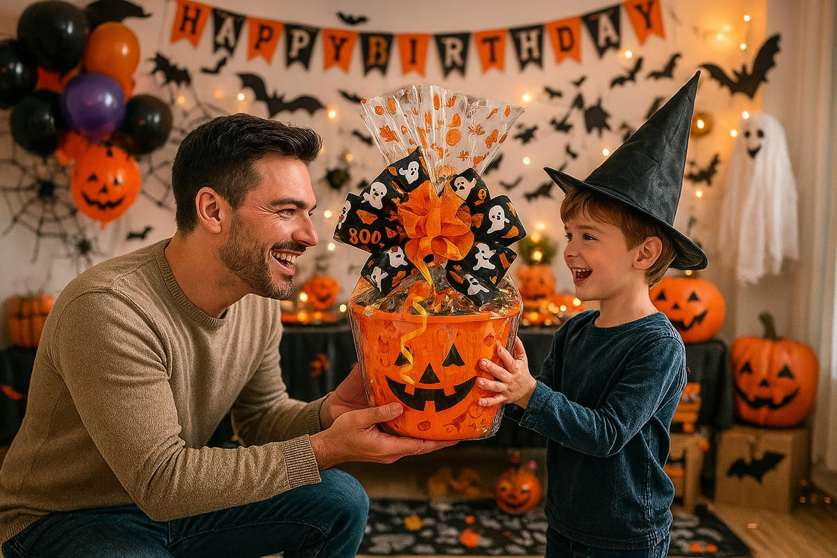 Premium Trick Or Treat Halloween Pumpkin Gift Basket for kids filled with an assortment of the most popular Halloween candy, chocolates, cookies,