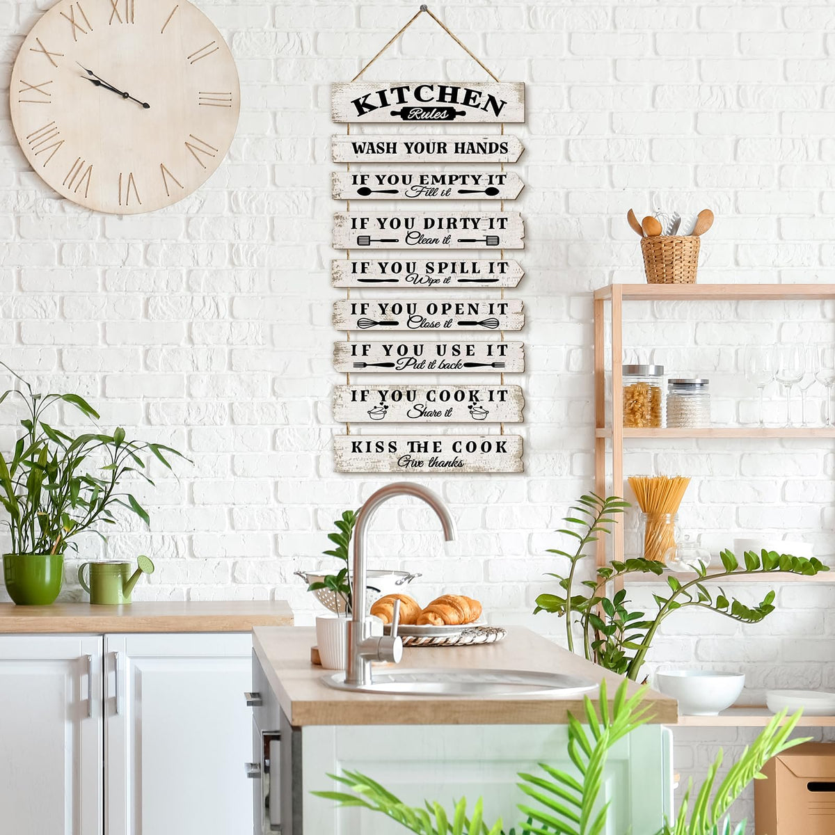 PEKCARGO Kitchen Wall Decor Funny Kitchen Signs Kitchen Rules Pictures Wall Art Decor Rustic Farmhouse Western Kitchen Decor Wooden Sign (White)