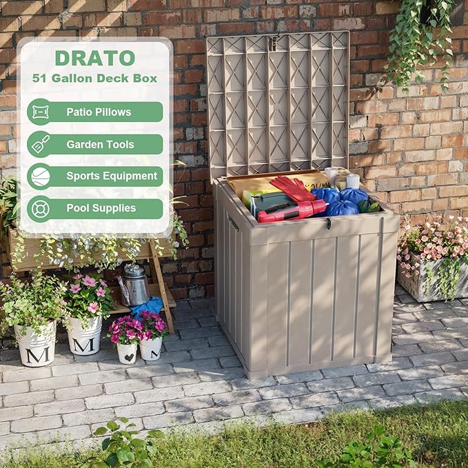 DRATO 50 Gallon Deck Box, Outdoor Storage Box for Patio Cushion, Sports Equipment, Garden Tools, Waterproof Patio Storage box, Lockable (Light Brown)