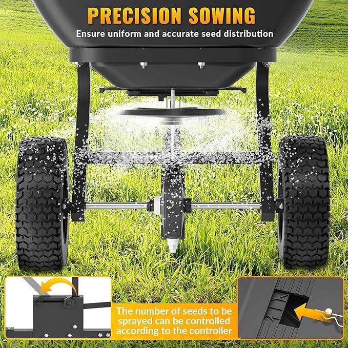 Tow Behind Broadcast Spreader, 200 LB Capacity,Fertilizer Spreader Holds up to 550 lbs with 13" Pneumatic Tires and Adjustable Flow Control Lever,for Fertilizer, Grass Seed, Salt, Ice Melt, Lawn