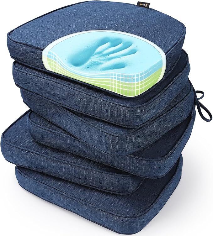 SUNROX Gel Memory Foam Chair Cushions, FadeShield Water-, Stain-Resistant Durable Reversible Seat Cushion Pads with Ties for Indoor/Outdoor Kitchen Dining Office 17"x16" Set of 6, Navy