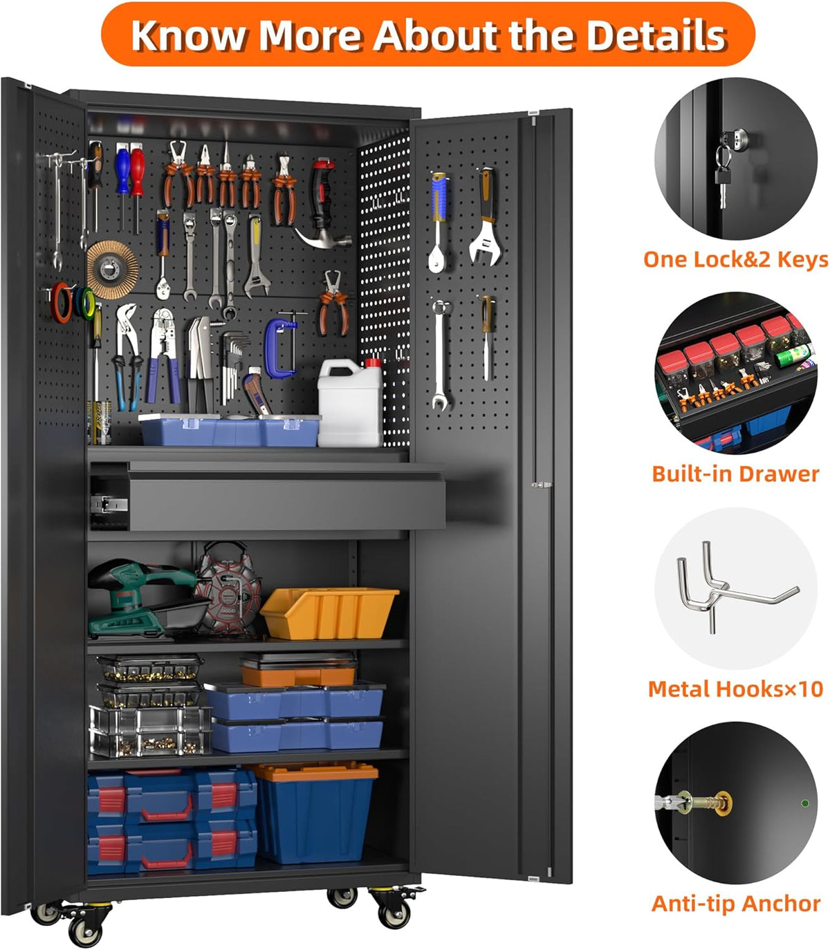 Aobabo Metal Storage Cabinet with Wheels and Adjustable Pegboard, Steel Rolling Tool Cabinet with 16 Hooks and 1 Interior Drawers for Garage, Home, Office, Kitchen, Black, Assembly Required
